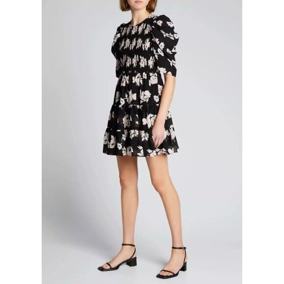 CINQ À SEPT Hollis Smocked-Bodice Tiered Dress Size 2 NWT Black Pink Floral - Picture 1 of 4